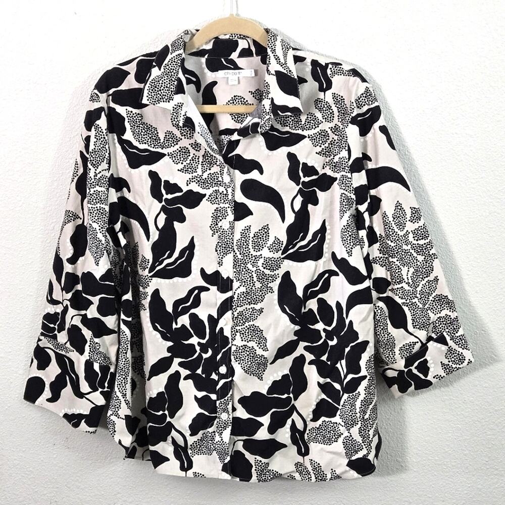Chico’s Jacket Floral Graphic Black White XL Wearable Art Modernist Chic